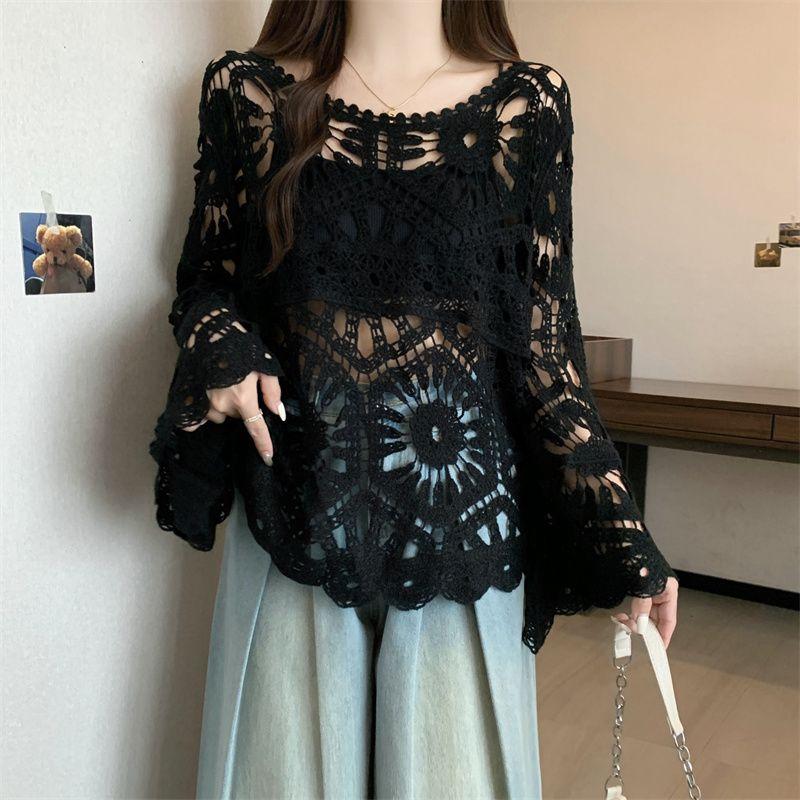 

Plus Size European Spring/Summer French Crochet Cut Out Knitwear Loose Long Sleeves Outerwear Cover-up Sun Protection Shirt Female M-4XL Black 4XL