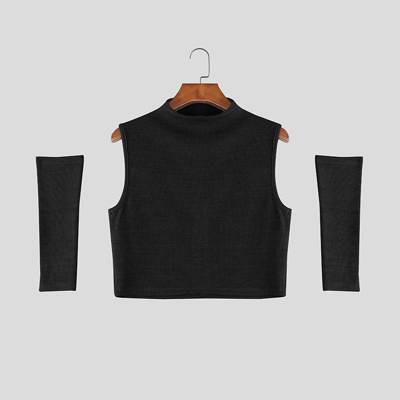 INCERUN Men Mockneck Sleeveless Rib Casual Fitted Cropped Tank Tops with Oversleeve