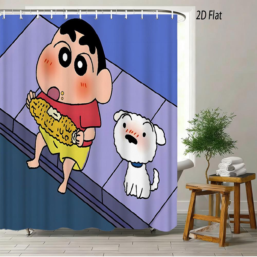 Crayon Shin-Chan & Himawari & Shiro & Leopard & Rooster Jungle Adventure Scene 2D Print Waterproof Shower Curtain, Bright Green