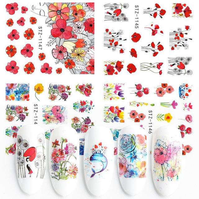 4Pcs Nail Art Slider Black Green Leaves Colorful Flowers Butterfly Spring Summer Nail Simple Designs Nail Art Stickers