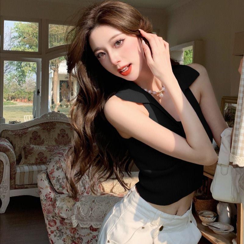 Camisole Tank Top Women's Summer Elegant Polo Collar Short Sleeveless Knitted Hot Girl Backless Top