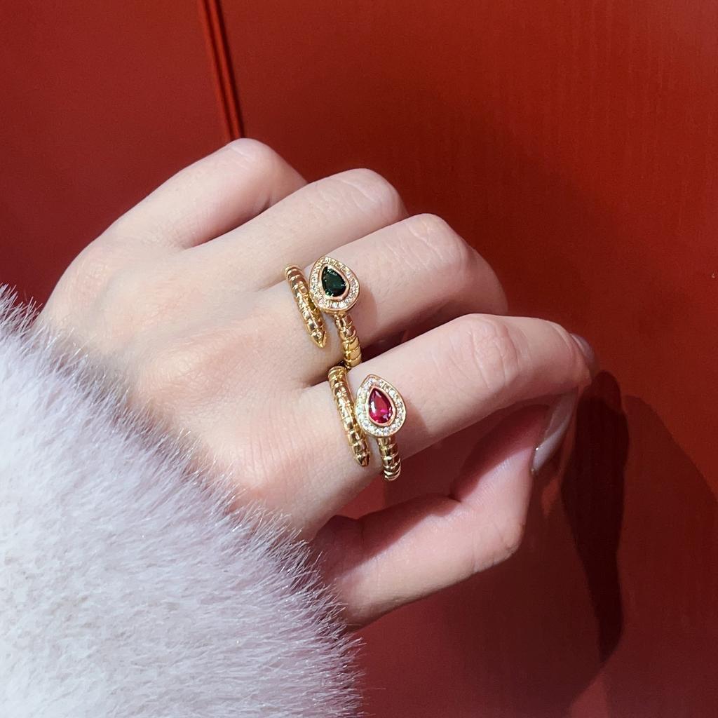 Yellow Gold Light Luxury Emerald Spirit Snake Ring Personality Open Ring Snake Zodiac Serpentine Ring
