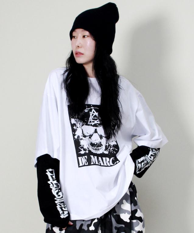 Deumakeu Skull Street Graphic Double Sleeve T-Shirt White