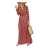 Boho Women V Neck z długim rękawem Paisley Print Belt High Split Party Maxi Dress