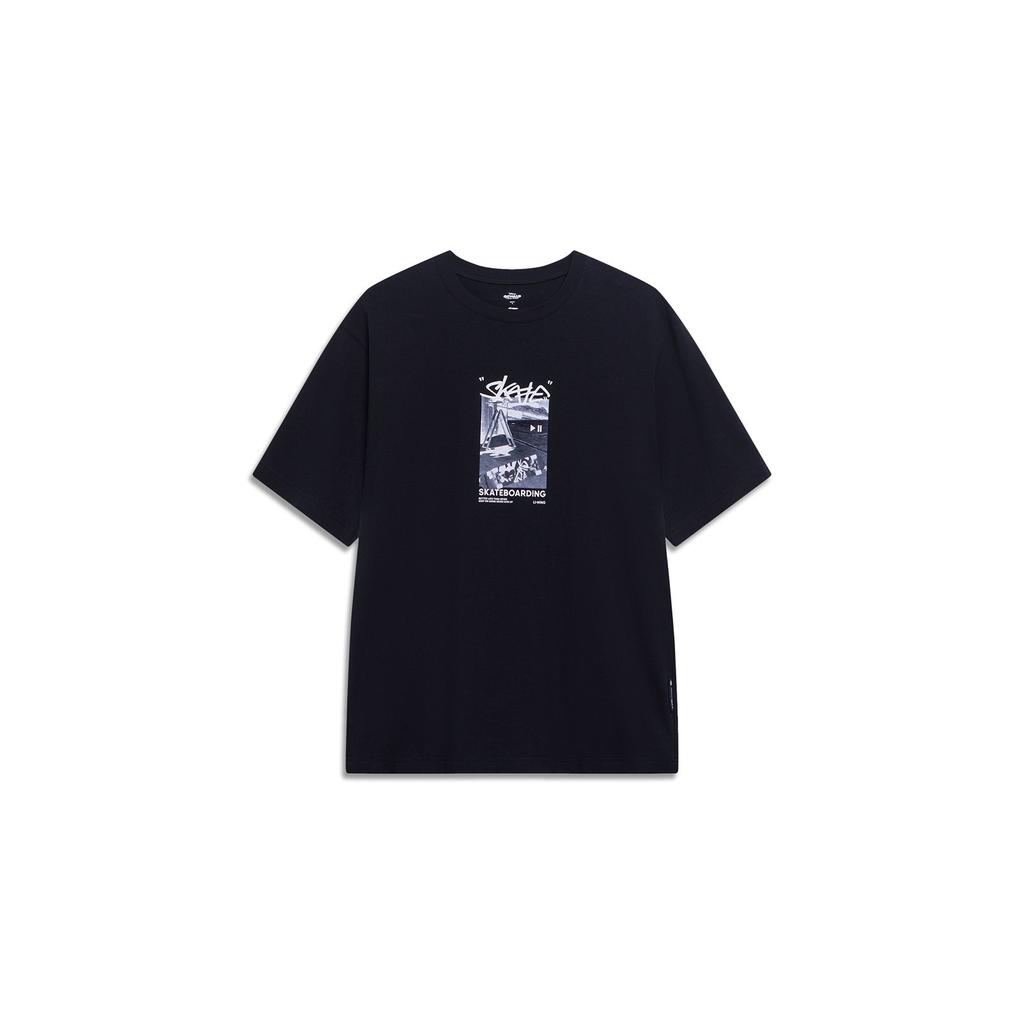 Li Ning X Disney Cartoon Letter Print Round Neck Pullover Short Sleeve T-Shirt Unisex T-Shirt Black AHST309-2