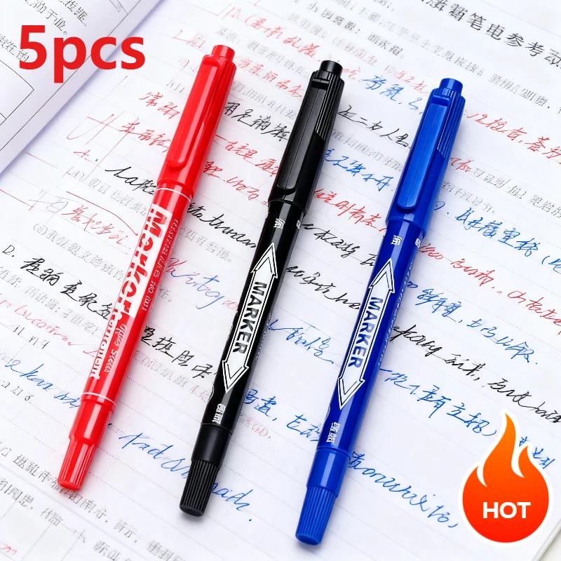 5pcs Oil Marker Pens Marker Pens Double Headed Oily Marker Pens Black Blue Red Art Markers School Supplies and Office Stationery