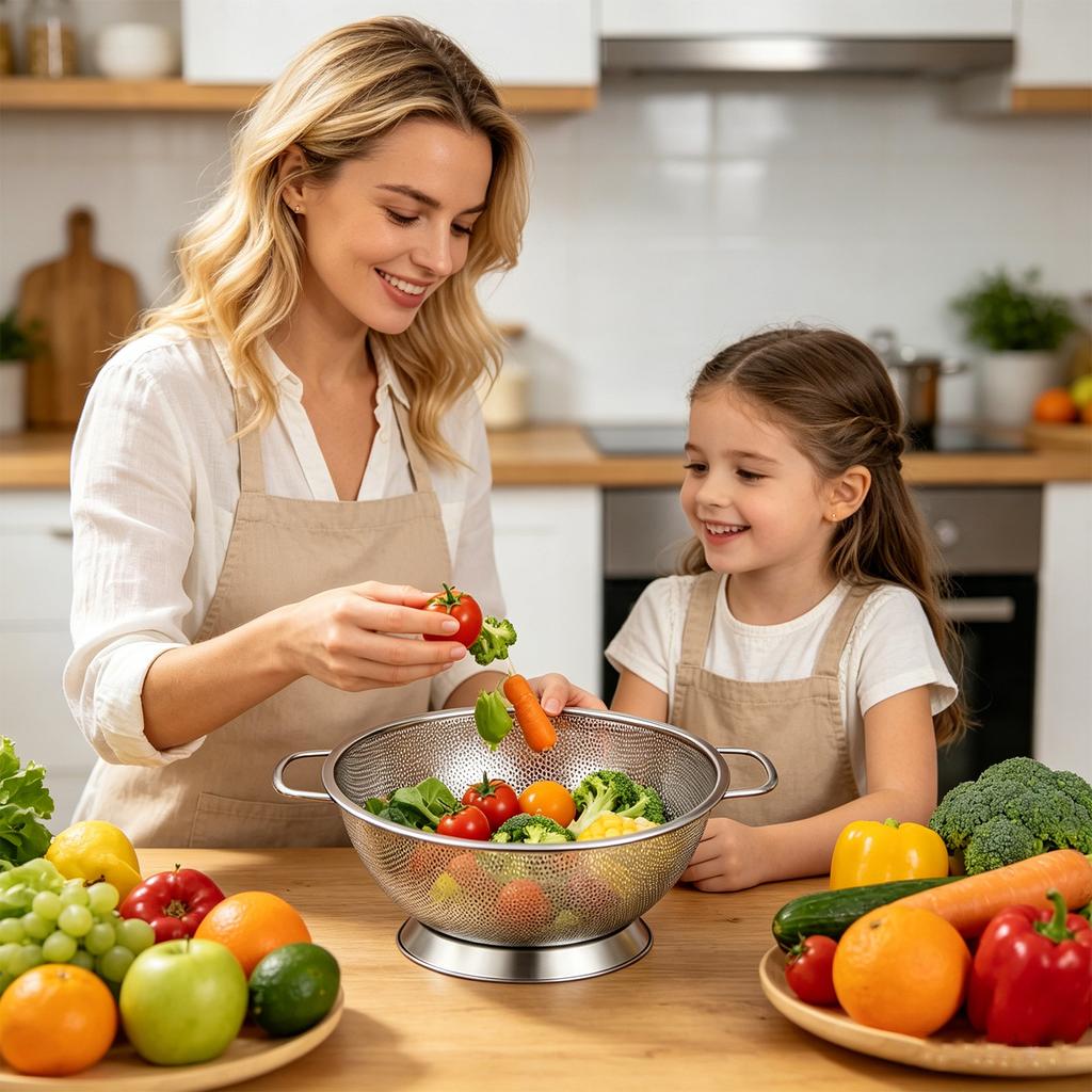 Stainless Steel Kitchen Colander with Side Handles and Raised Base for Washing Vegetables Fruits Pasta Rice Durable Mesh Basket