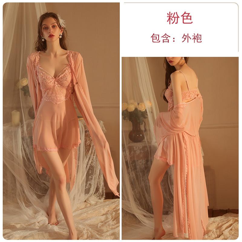 Women's Sheer Mesh Padded Cami Dress with Tie Robe Lounge Set