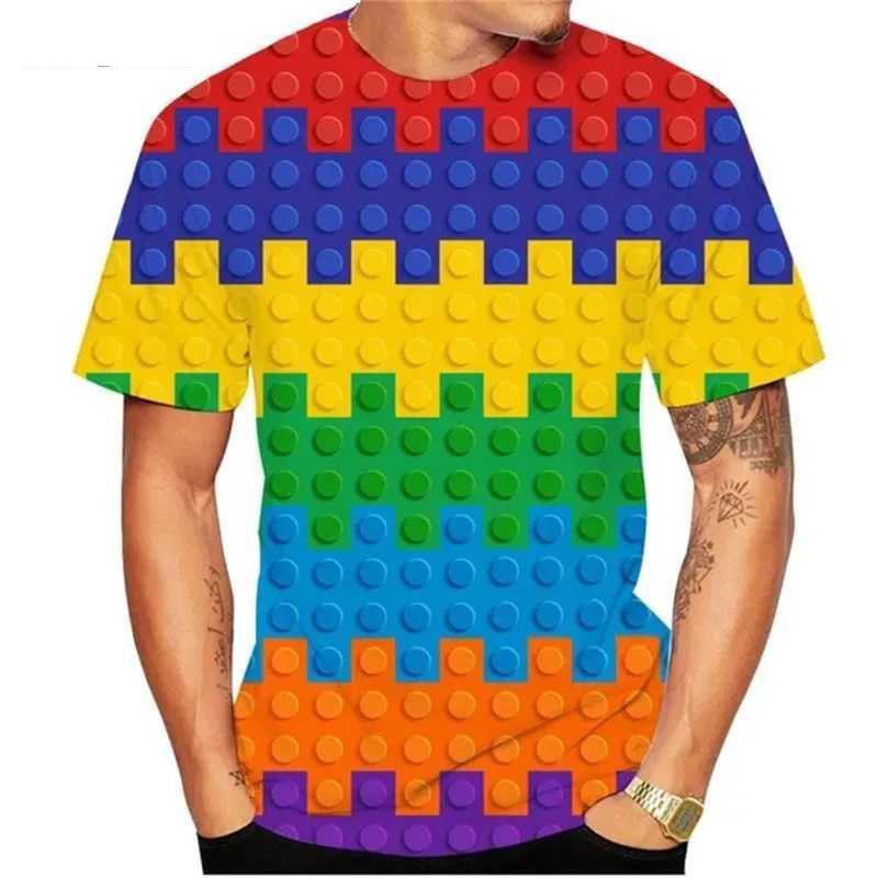 Summer Round Neck 3D Building Blocks Pattern Print T-shirts Fashionable Casual Short Sleeved Men's T-shirts