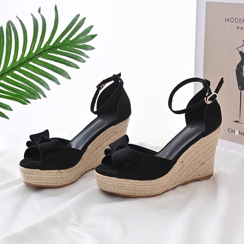 

Straw wedge heel sandals women s summer wear 2025 new small high bow high heel sandals one-word buckle 40 чёрный