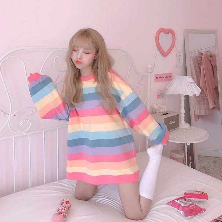 Kawaii Harajuku Women Rainbow Patchwork Hoodie Loose Sweatshirt Top Clothes Casual Hoodies