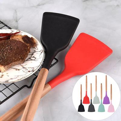 Spatola da cucina Non rimovibile Antiscivolo Silenzioso Stir-Fry Resistenza al calore Silicone Manico in legno esteso Spatola da cucina