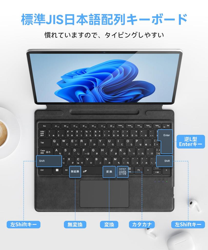 Omikamo Surface Pro Keyboard, Compatible with Surface Pro 8/9/10/X/11, JIS Standard Japanese Layout, Bluetooth 5.3, with Trackpad, 2 Pen Storage Slots