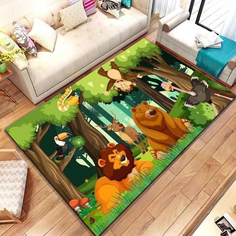 Dzikie Zwierzę Kreskówkowe Dywanik Obszarowy, Dywan ze Zwierzętami Safari Afrykańskiego dla Dzieci, Dekoracja Pokoju Kawaii, Mata Wejściowa, Mata Podłogowa Dzikie Zwierzęta Dżungli