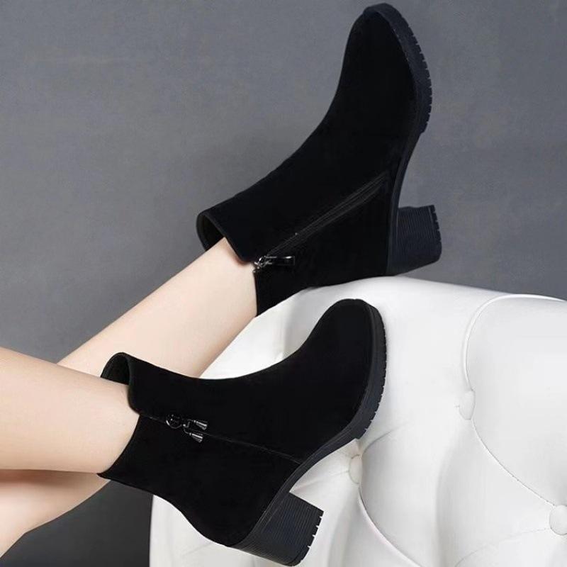 Suede Coarse Heel Round Head Martin Boots Women's Coarse Heel Short Boots British Frosted Leather Black Medium Heel One Pedal and Naked Boots