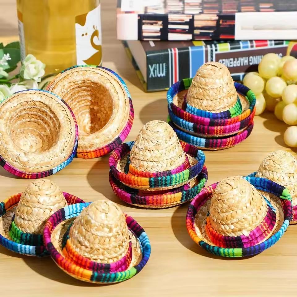 Mini Mexican Carnival Straw Hat Red Wine Bottle Hat Natural Woven Hat Party Decor Small Straw Hat Doll Dining Table Party Prop