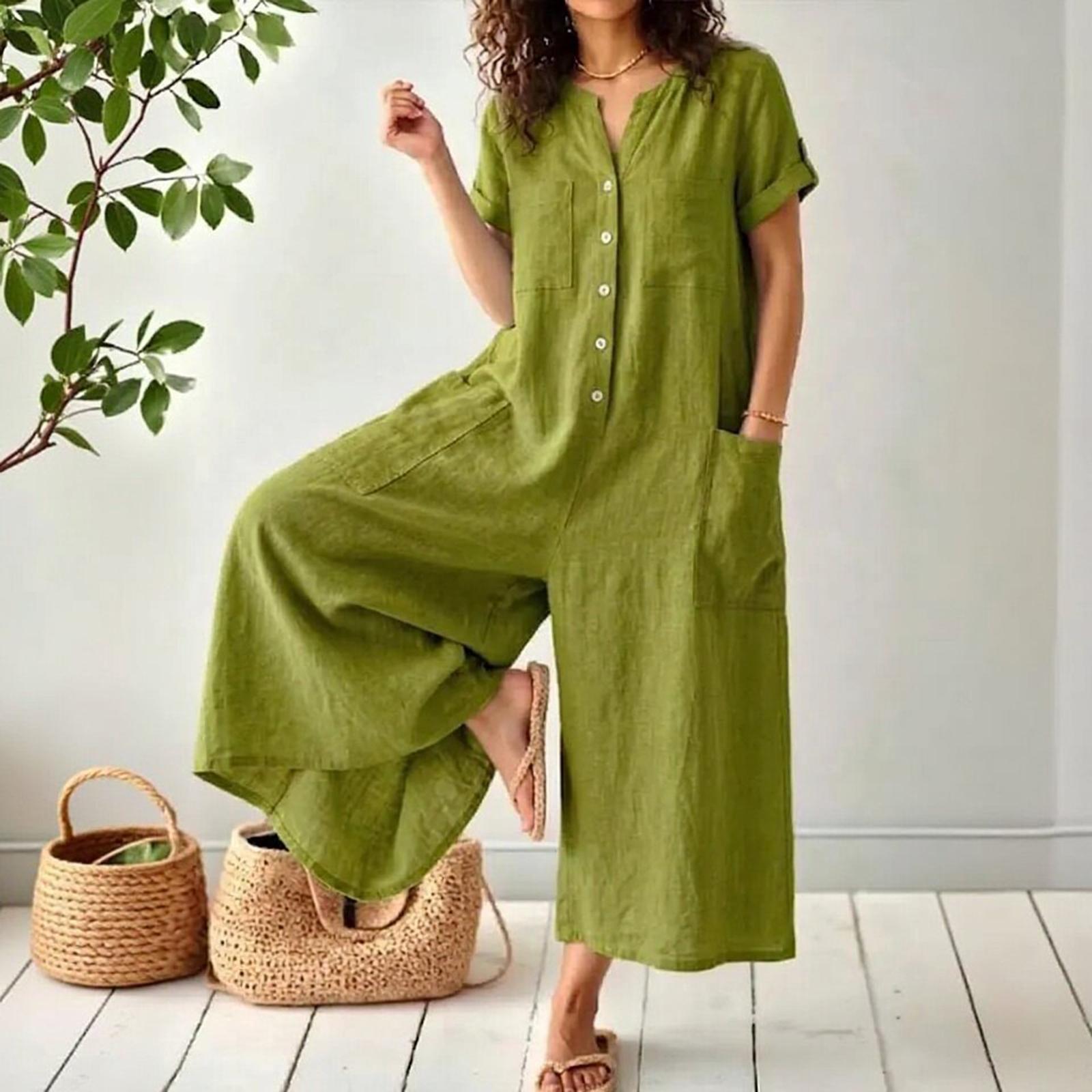 Women s Fashionable And Casual Buttoned  Short Sleeve Pocket Jumpsuit L