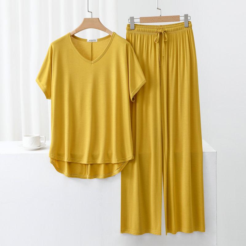 Summer Modal Homewear 2 Piece V-Neck Short Sleeve Tshirt and Wide Leg Pant Ankle Length Loose Sleepwear Set Comfort Pajama Sets