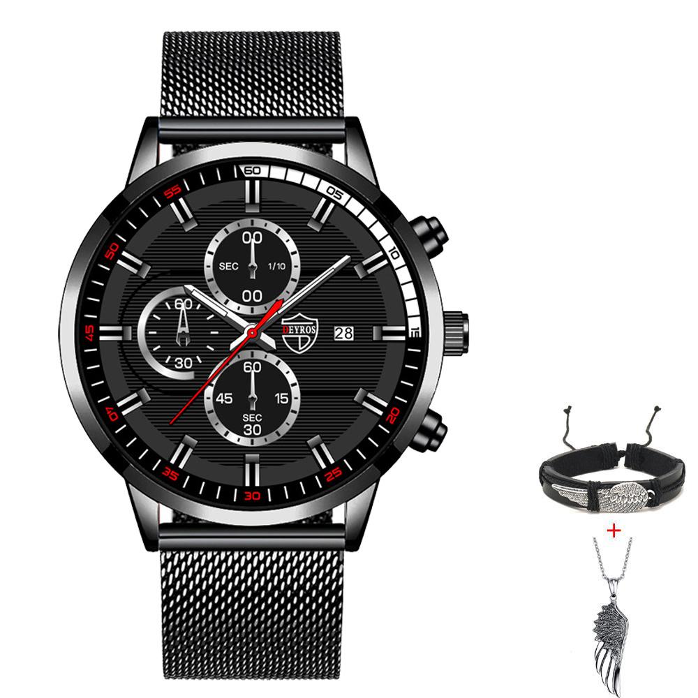 Fashion Men's Casual Watch Man Stainless Steel Mesh Band Wristwatch Mens Calendar Quartz Watches Bracelet Neckalce Set Date Clocki