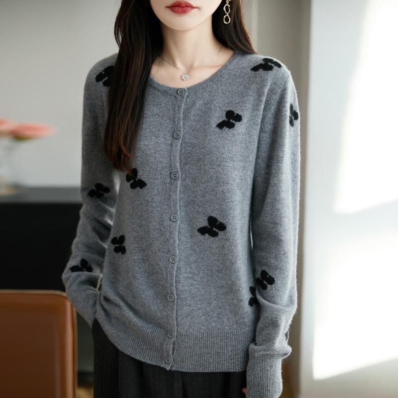 2025 Stylish Bow Jacquard Wool Knit Cardigan - Round Neck, Single-Breasted Thin Sweater Coat