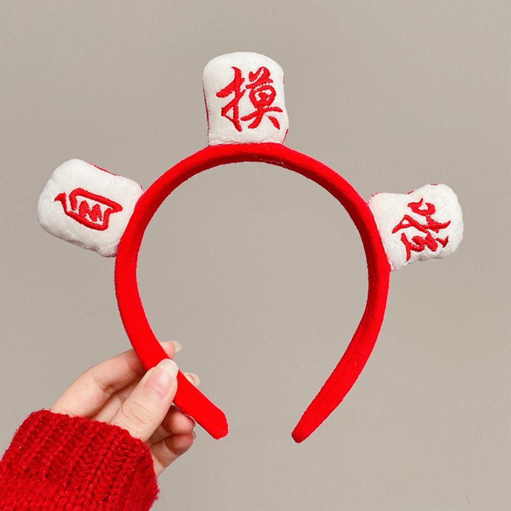 Chinese Characters Happy New Year Plush Hair Hoop Korean Head Wrap Mahjong Headband Women Hairband