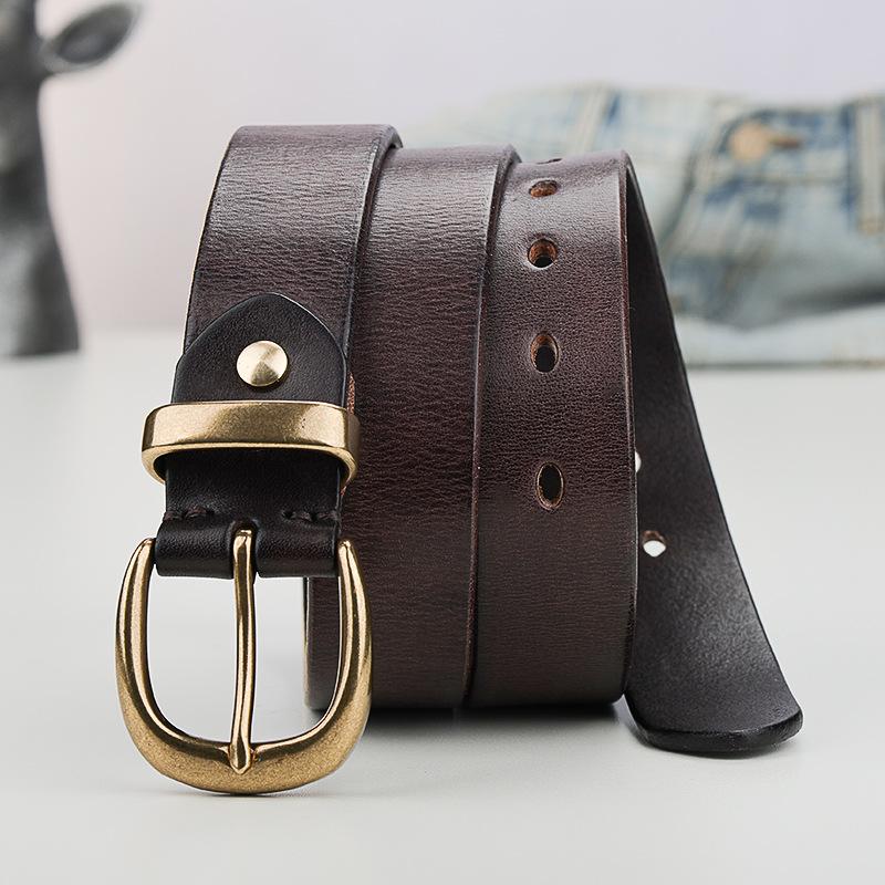 Copper Buckle Belt Women'S Style Retro Pure First Layer Cowhide Simple Korean Jeans Belt Genuine Leather Black