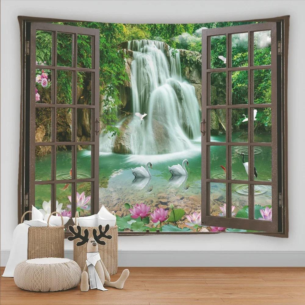 Bohemian Style 3D Window View Decorative Tapestry Hippie Wall Decoration Tapestry Bedroom Dormitory