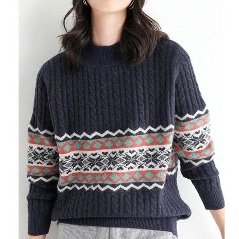 New Autumn and Winter Fashion Trend Retro Ethnic Style Half High Neck Loose Versatile Casual Age Reducing Women's Knitted Sweate
