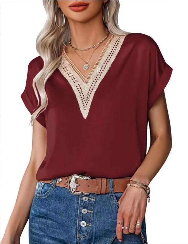 2026 Elegant Lace V-neck Solid Color Short Sleeve Women's T-shirt