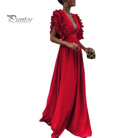 

Женское вечернее платье с глубоким вырезом и V-образным вырезом с летающими рукавами Многослойное плиссированное платье с высокой талией и высокой талией Сплошной цвет Длина пола Пром Коктейльное платье макси 3XL красный