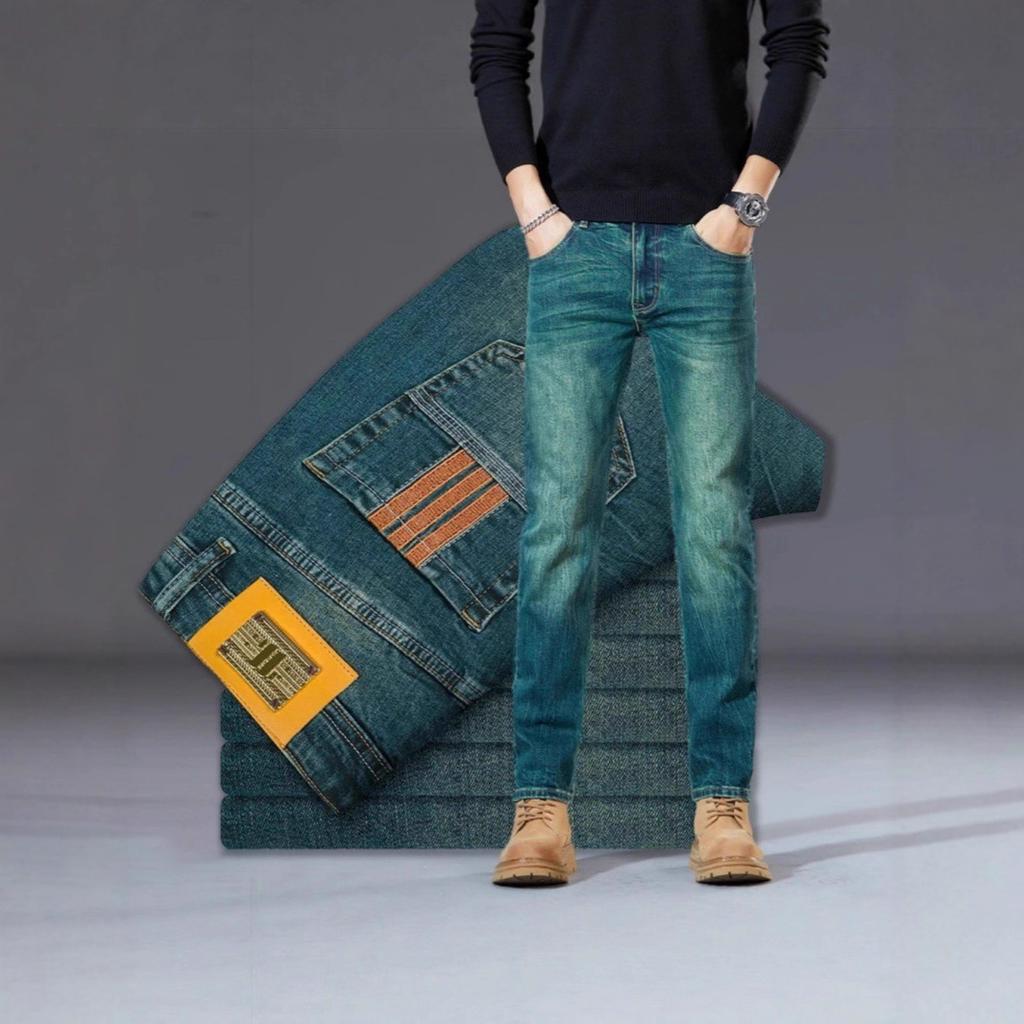 Hong Kong High-end Green Jeans Men's Spring and Autumn New Slim-fitting Elastic Pants Versatile Straight Trousers