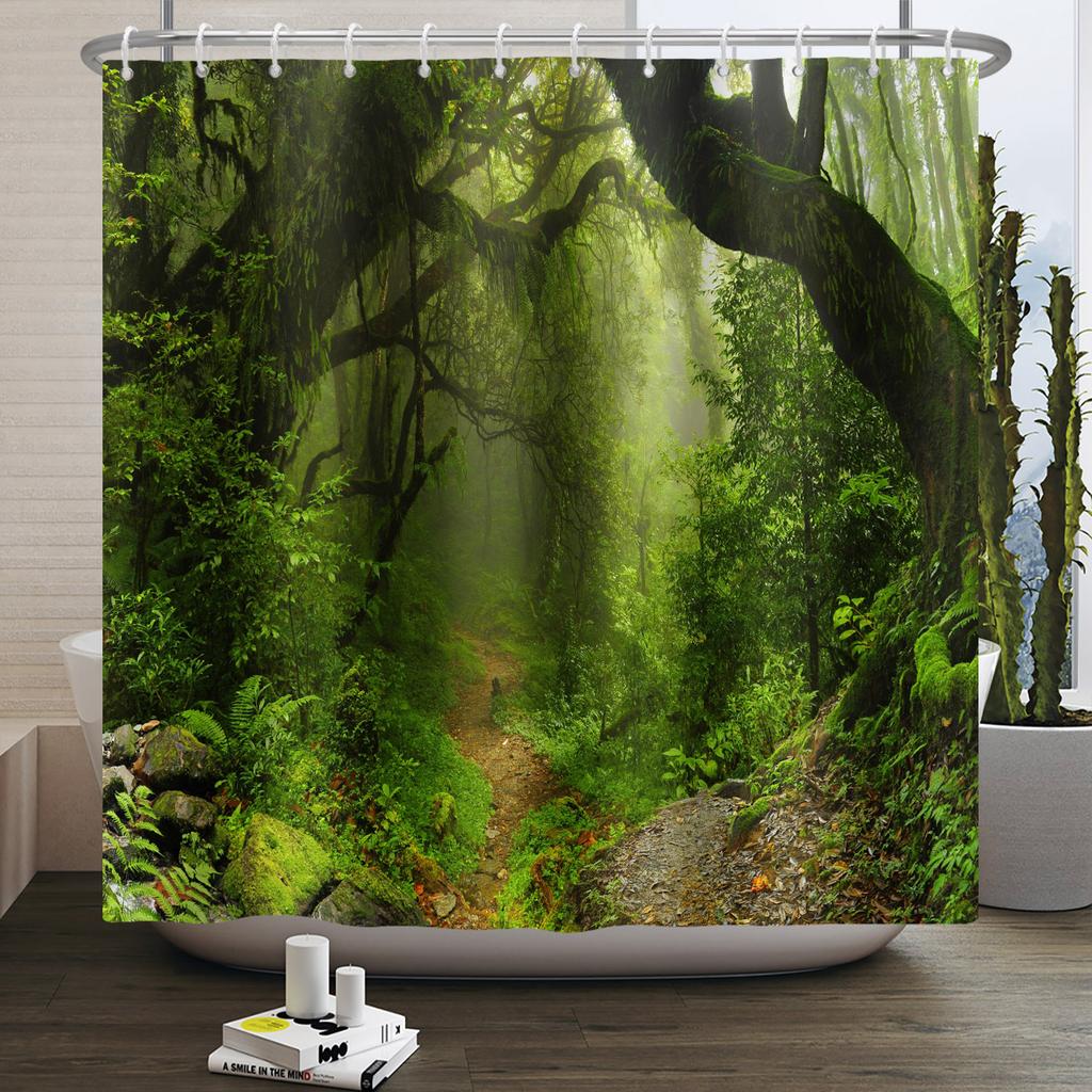 Garden Path Shower Curtain with 12 Hooks Realistic Forest Landscape Butterflies Waterproof Polyester Bathtub Bathroom Curtain