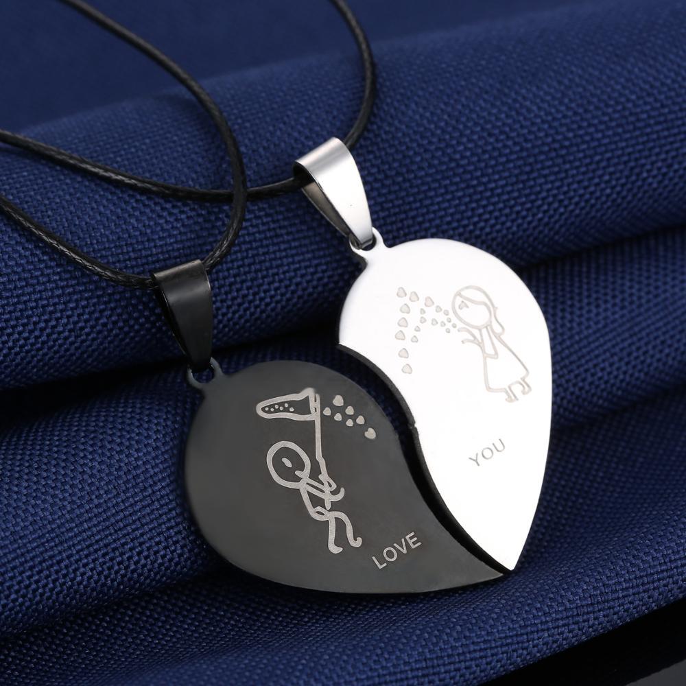 Couples Jewelry Broken Heart Necklaces Black Couple Necklace Stainless Steel Engraved Love You Pendants Necklace Valentine's Day