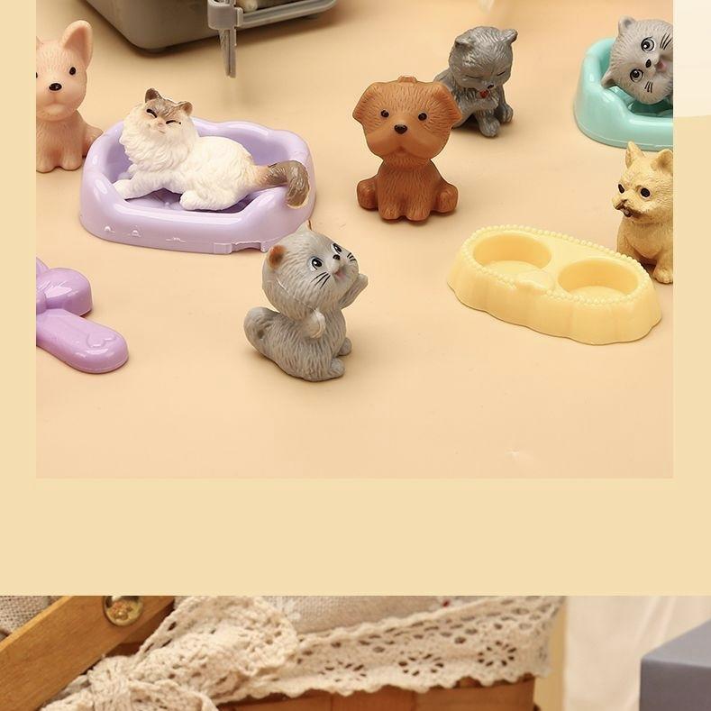 Mini-Tierkatze-Hund-Figur Spielset, Rollenspiel-Tierpflege-Spielzeugset mit Käfig-Futterzubehör für Kinder