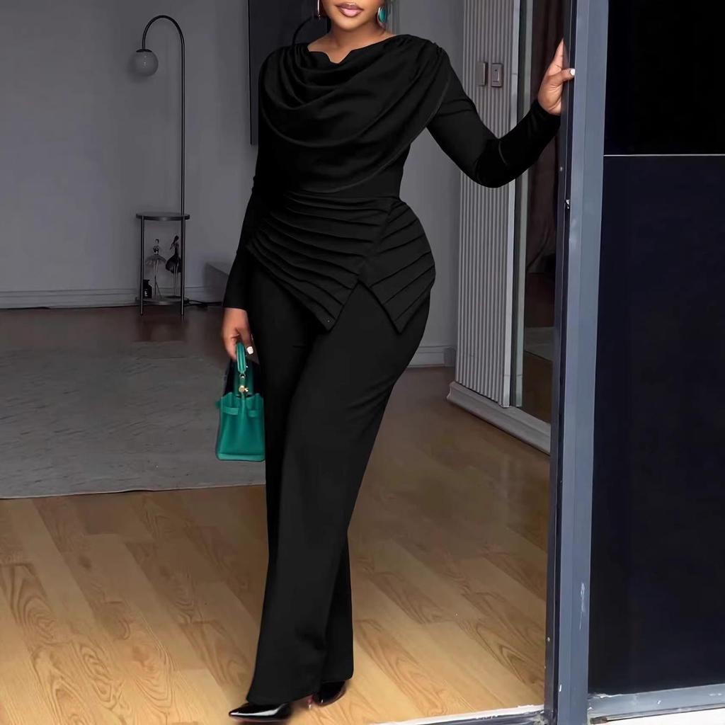 Spring Bestseller Women's Fashion Pleated Waist Long Sleeve Jumpsuit Set