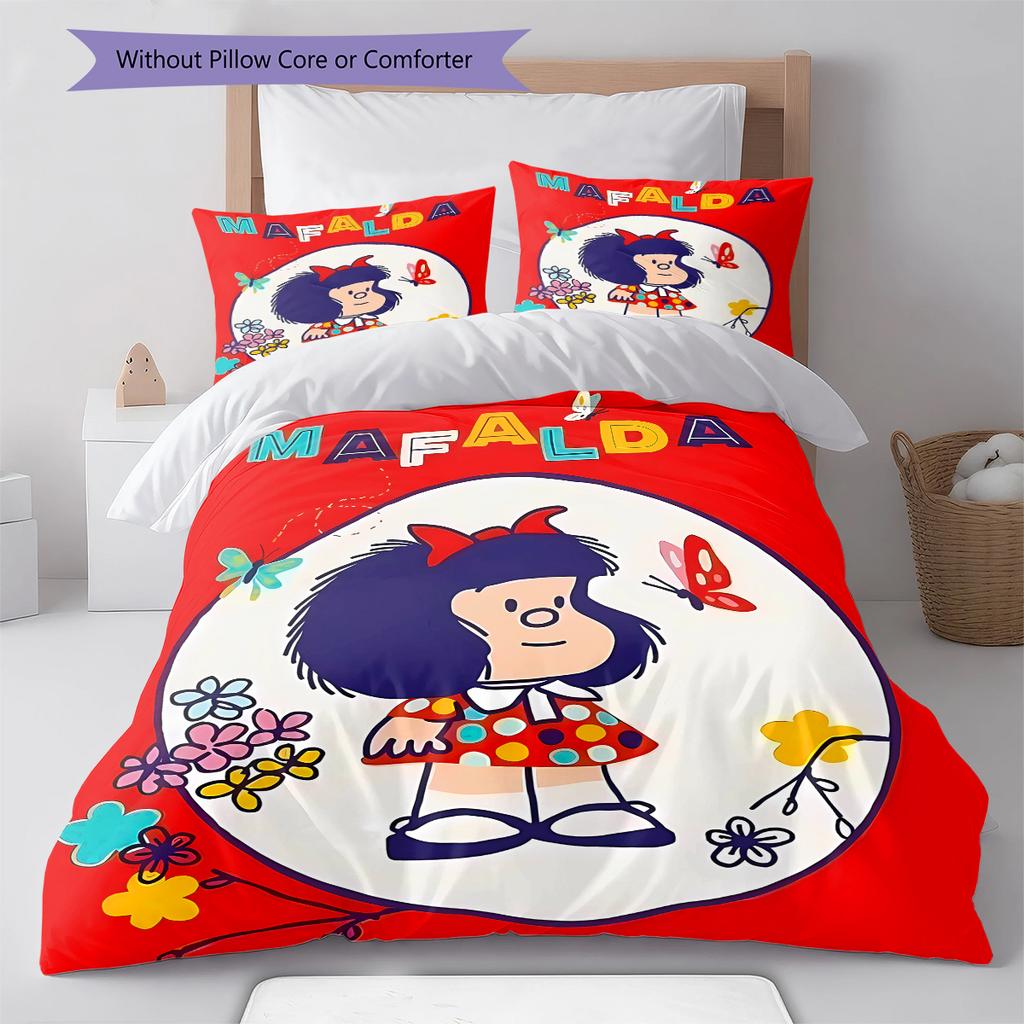 Pościel z wzorem Mafaldy, Zestaw kołdry Poszewka na kołdrę Poszewka na poduszkę Domowy prezent urodzinowy (1 * poszwa na kołdrę + 2 * poszewki na poduszki, bez rdzenia)