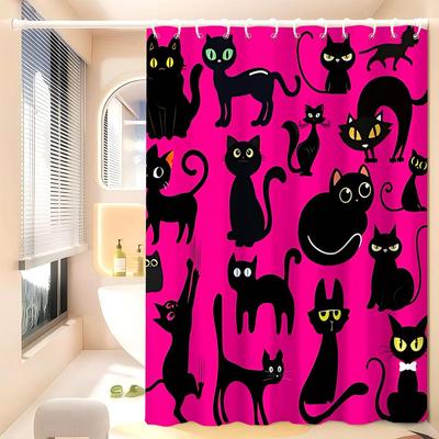 Black And Pink Cat Funny And Creative Beach Shower Curtain Waterproof Polyester Bath Curtains For Bathroom Decorate With Hooks