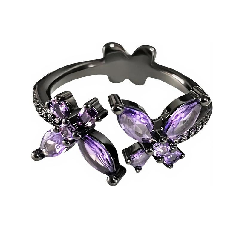 Dark Purple Diamond Zircon Colored Treasure Butterfly Opening Ring Personality Niche Punk Retro Advanced Sense Stacked Ring Woman