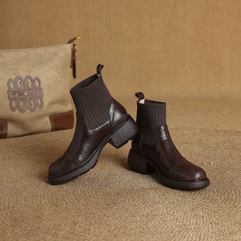 Krazing Pot Sheepskin Pleated Decoration Autumn Winter Shoes Chunky Heels Size 43 Size 42 Round Toe Slip on Retro Knit Wear Ankle Boots