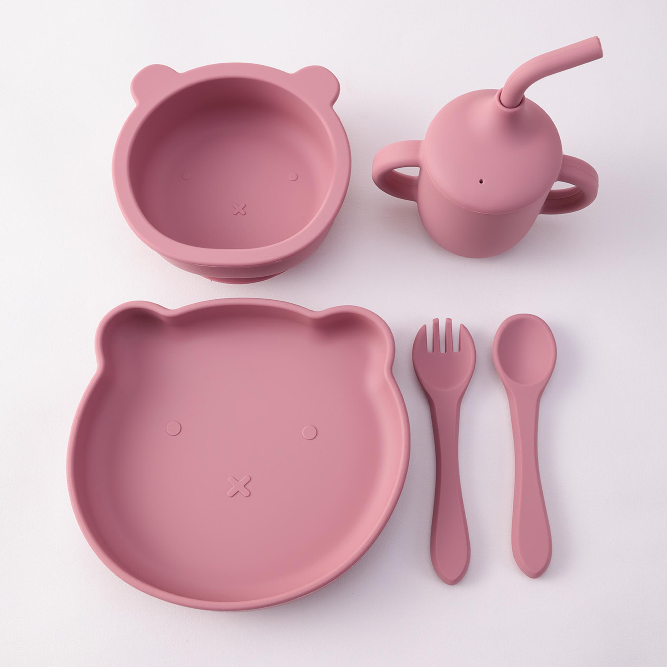 

Color Kids 5PCS Silicone Feeding Set Bear Shape Dihes Plates Non-Slip Bowl Training Fork Spoon Sippy Cup High Quality Baby Stuff