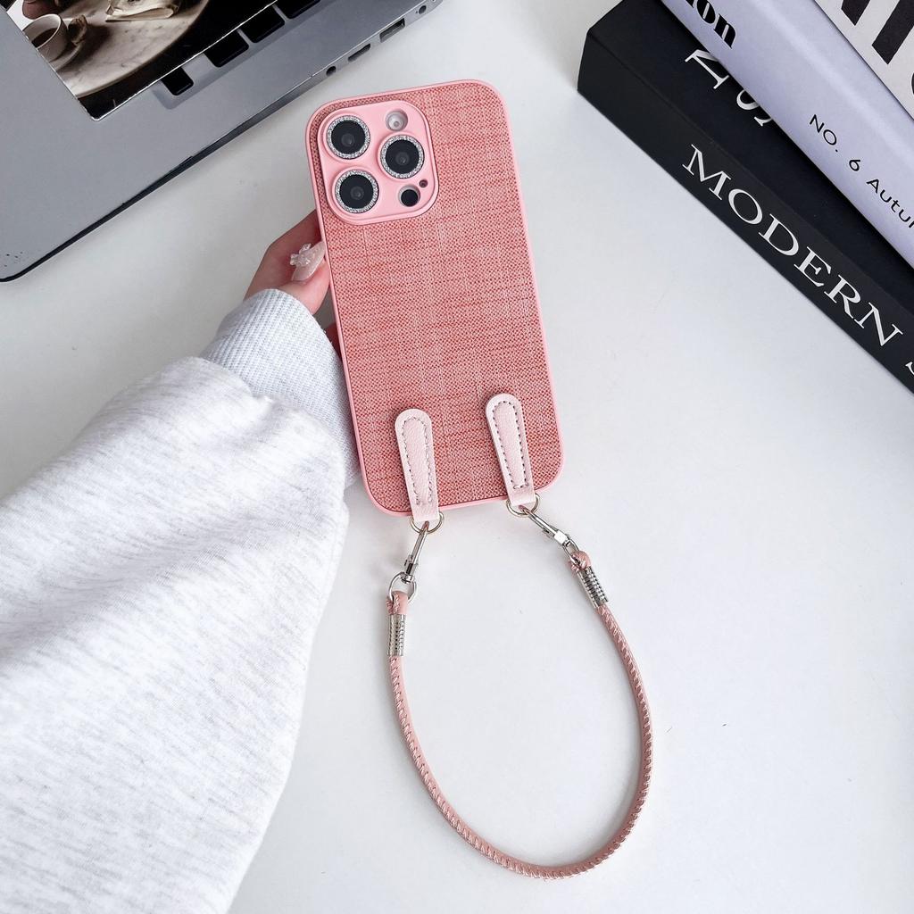 Cloth Patterned Wrist Strap Hanging Rope Phone Case for IPhone 12, 14promax Protective Case, 16plus Trendy