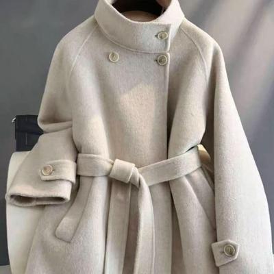 Women's Double-Sided Wool Coat: 2025 Autumn/Winter Korean Style, Belted, Elegant, Loose Fit, Stand Collar, Petite Size.
