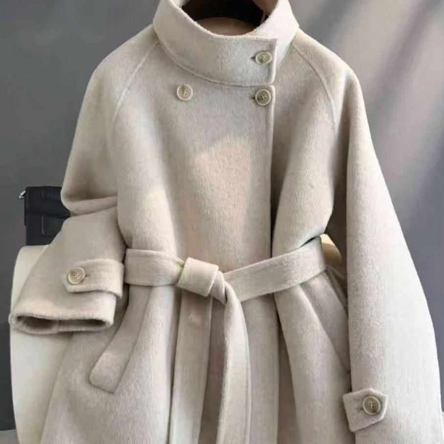 Women's Double-Sided Wool Coat: 2025 Autumn/Winter Korean Style, Belted, Elegant, Loose Fit, Stand Collar, Petite Size.