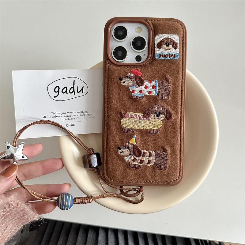 New Cartoon Embroidery Dog Cats Colorful Phone Case For iPhone 17 14 15 16 Pro Max 16 Cute Furry Plush Winter Shockproof Cover