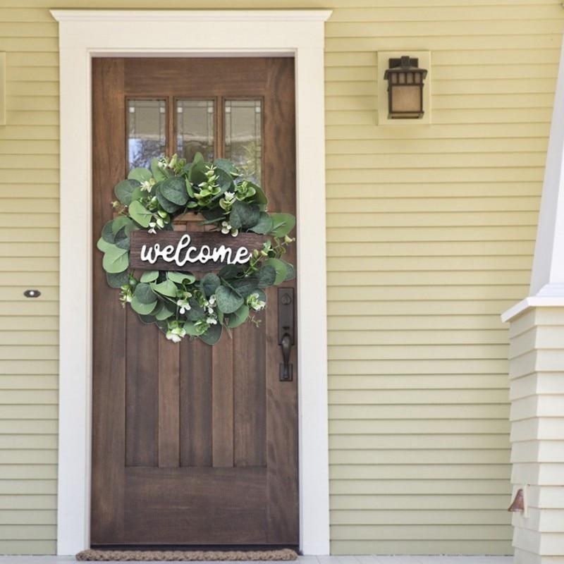 Welcome Sign With Artificial Wreath Front Door Decor Round Wooden Hanging Sign Farmhouse Porch Decorations For Home Outdoor Indoor 30CM