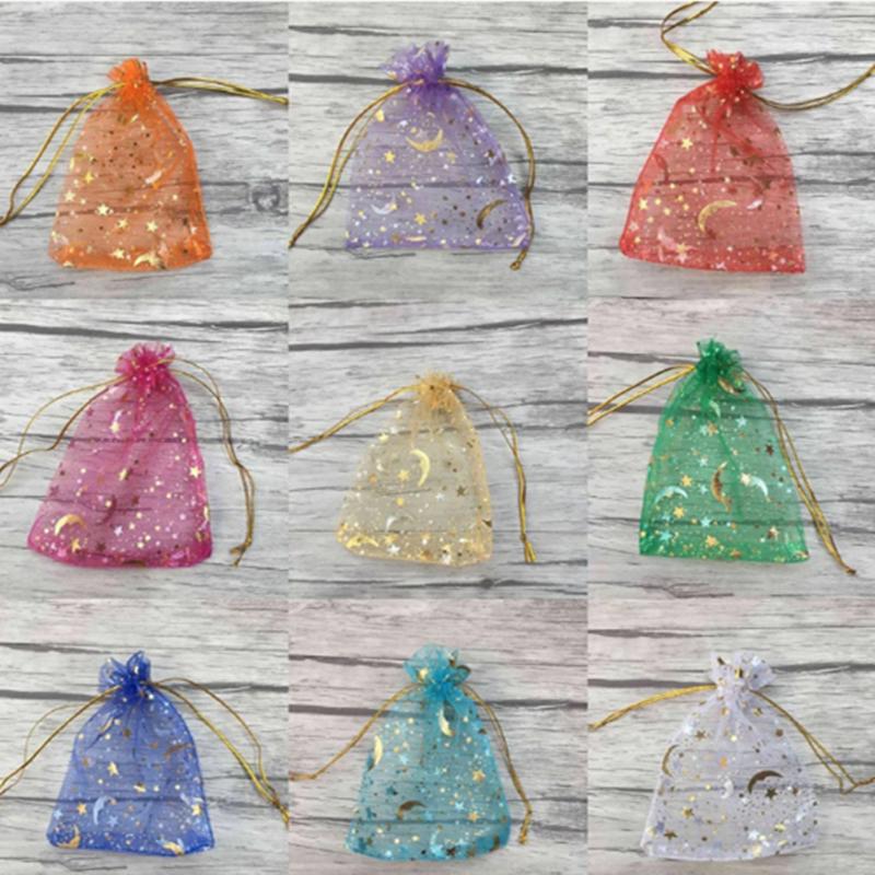 50PCS Moon Stars Drawstring Organza Bags Jewelry Gift Bags Pouches Gold Star Organza Favor Pouches for Christmas Wedding