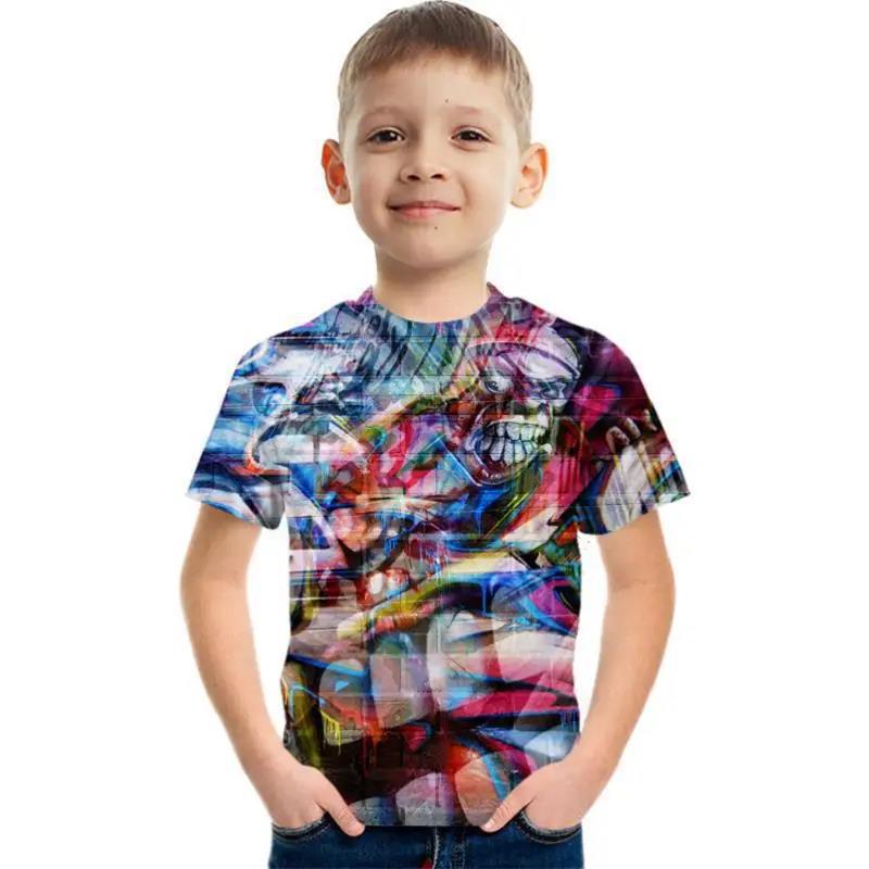 Καλοκαιρινή Μπλούζα με Στρογγυλή Λαιμόκοψη με 3D Γεωμετρικό Γκράφιτι Μοδάτη Καθημερινή Κοντομάνικη Παιδική Μπλούζα για Αγόρι