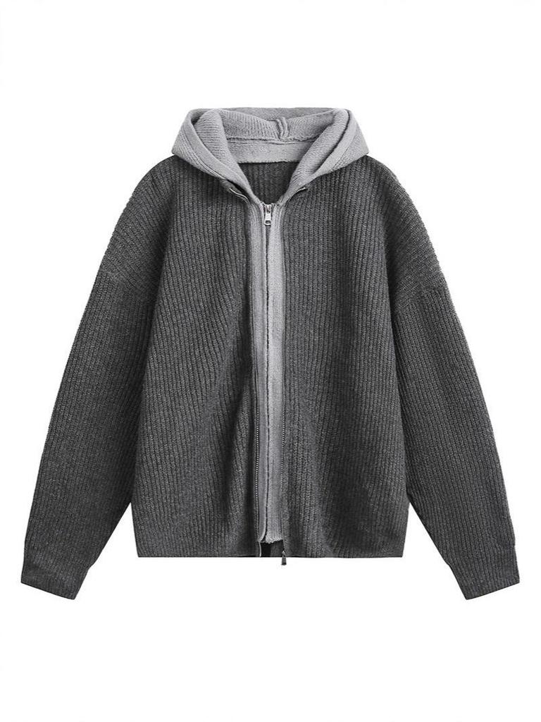 Unisex Two-in-One Patchwork Knit Hoodie Jacket - Autumn/Winter Loose Fit Sweater