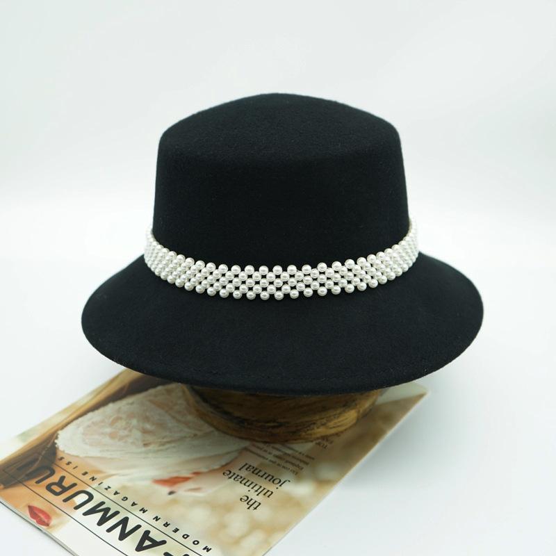 Черный Белый Жемчуг Знаменитость Жемчуг Французский Винтаж Элегантный Шерстяной Цилиндр Шляпа Котелок Хепберн Рыбацкая Британская M（56-58cm）