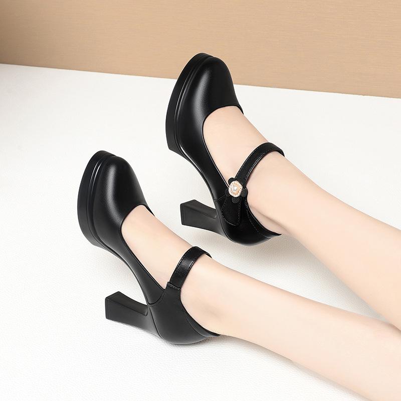 One-word buckle high-heeled waterproof stage catwalk with cheongsam shoes temperament single shoes, leather shoes
